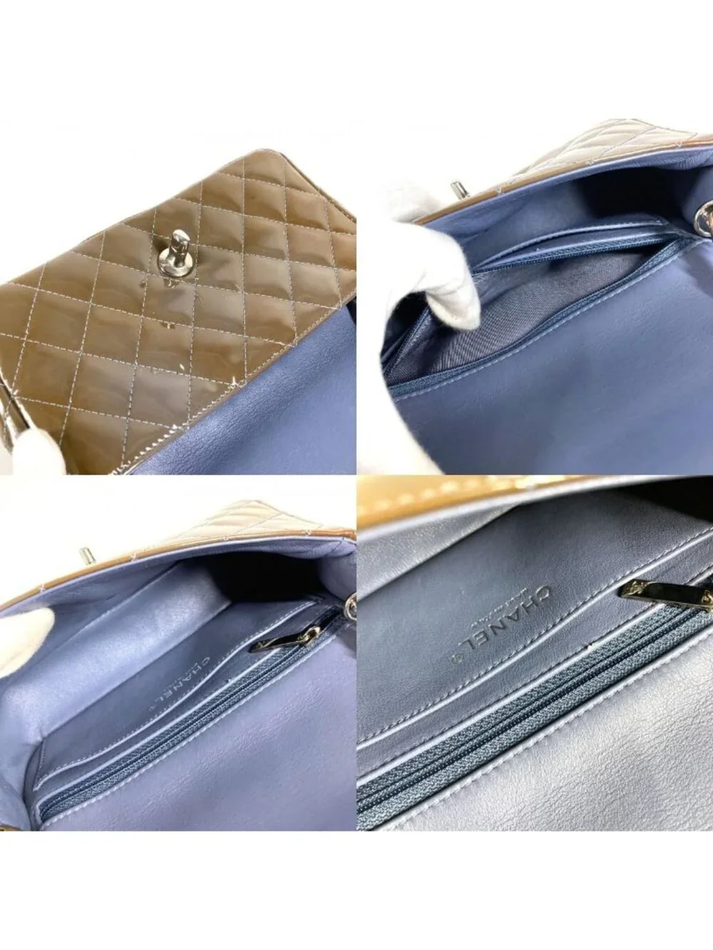 Chanel Shoulder Bag CC Logo Quilted Patent Leather Khaki
